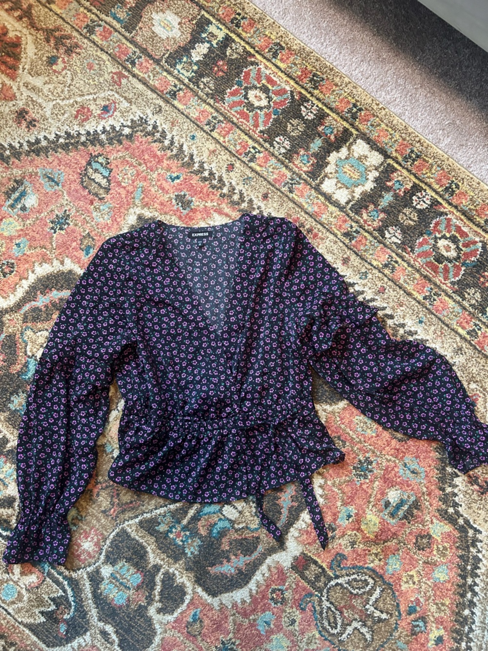 Express Black Floral Wrap Blouse